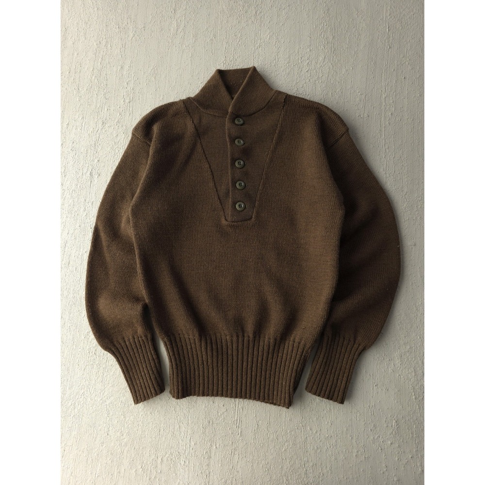 Vintage 1980s Brown Wool Henley Sweater Knit Collared US Army Small